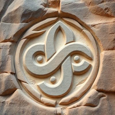The primary subject of the image is a carved stone or concrete design featuring a pattern of interlocking circles. The setting is a rock wall, and the visual style appears to be a combination of a photo and a digital art or illustration. The colors and mood of the image are predominantly earthy tones, giving it a natural and timeless appearance.